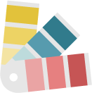 Drei Farbpaletten in rot, gelb und blau